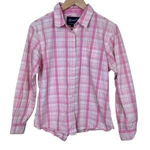 Wrangler Women Breast Cancer Awareness Pink Plaid Long Sleeve Button‎ Up Shirt L